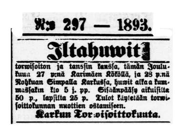 Torvisoittokunnan ilmoitus 1893